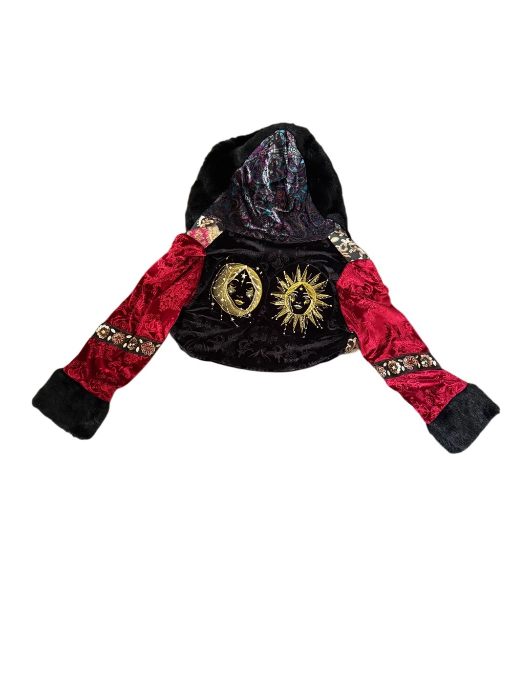 Custom Vanishing Fae Celestial Sun & Moon Brocade Faux Fur Festival Jacket